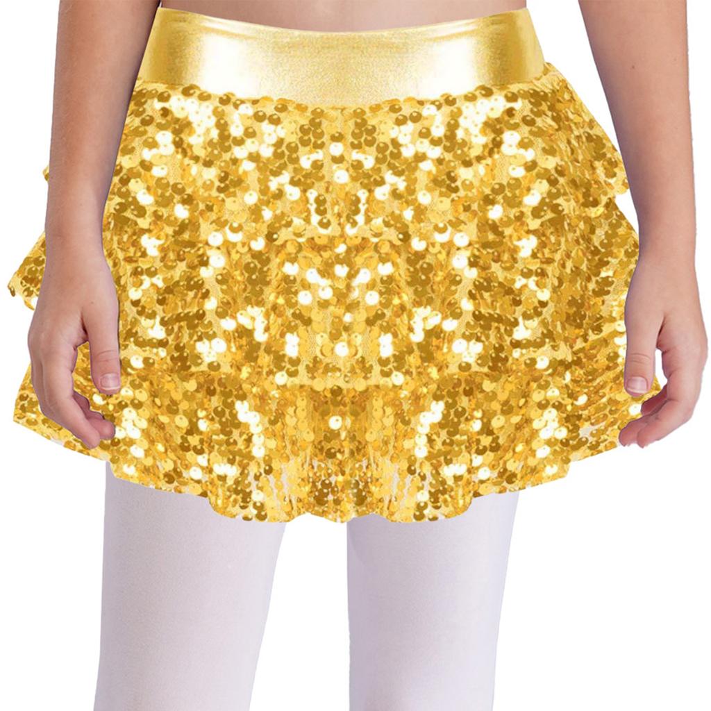 Mädchen Glänzende Pailletten Tanzshorts Gestuftes Rüschenrock-Design Metallic Elastischer Bund Culottes