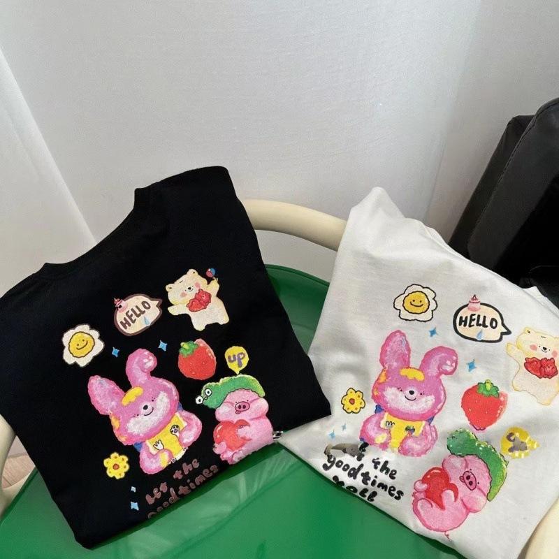 Girls Summer Cotton Short Sleeve T Shirt Korean Loose Round Neck Top Baby Kids Solid Print Tee