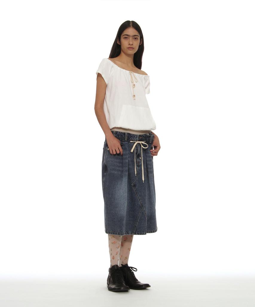 Partimento Woman Drawstring Denim Midi Skirt_Mid Blue