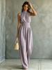 Europa e America estate 2026 tuta senza maniche con collo semi-alto a gamba larga da donna tinta unita casual moda pantaloni