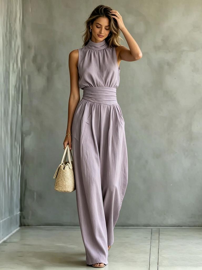 Europa e America estate 2026 tuta senza maniche con collo semi-alto a gamba larga da donna tinta unita casual moda pantaloni