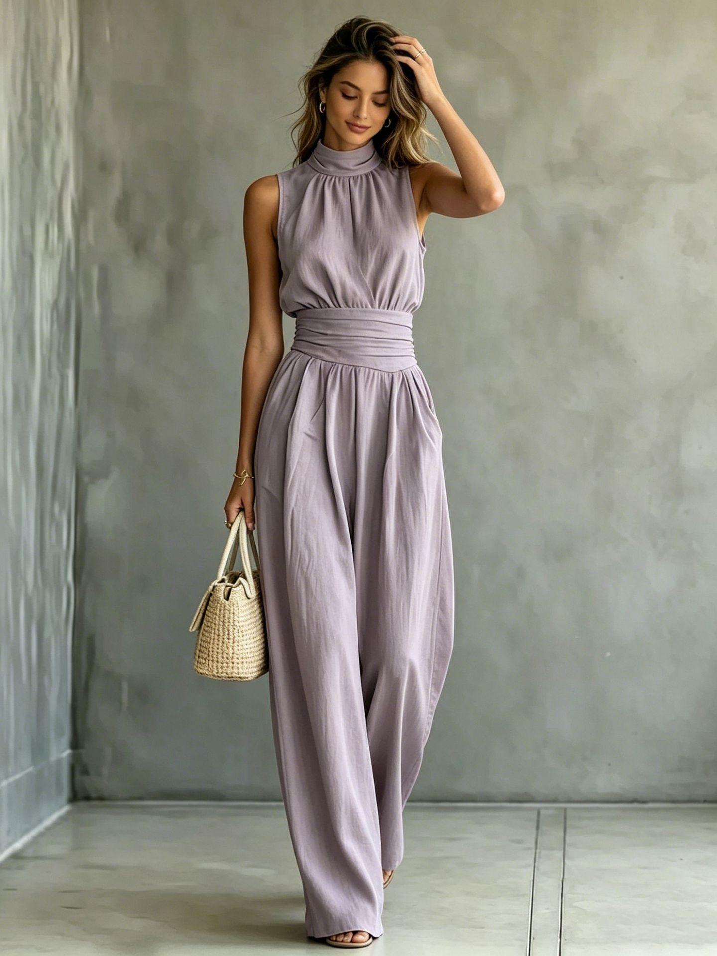Europe and America 2026 summer sleeveless semi-high-necked wide-leg jumpsuit women s solid color casual fashion trousers S