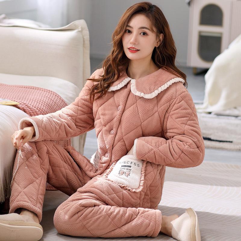 Padded Pajamas Women'S Winter Three-Layer Thickened Velvet Coral Velvet Autumn And Winter Padded Jacket Can Be Worn Outside Loungewear Set