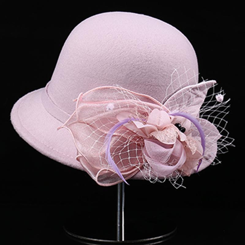 Autumn and winter new feather flower woolen top hat women's British retro casual bucket hat fashion mesh small brim basin hat