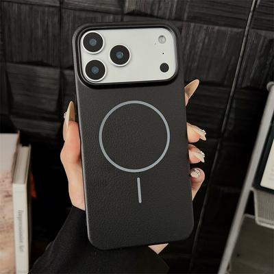 Luxury Lychee Leather Hard PC For Magsafe Magnetic Case For iPhone17 17Air 17Pro 17Pro Max Wireless Charging Frosted Cover