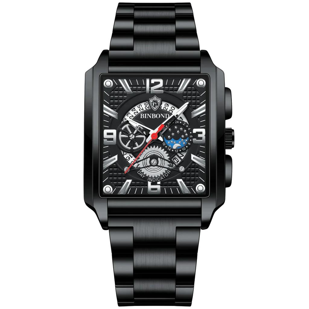 BINBOND Classic Men Watches Square Type Watch for Man Quartz Movement Stainless Steel Waterproof Luminous Date Trend Watch
