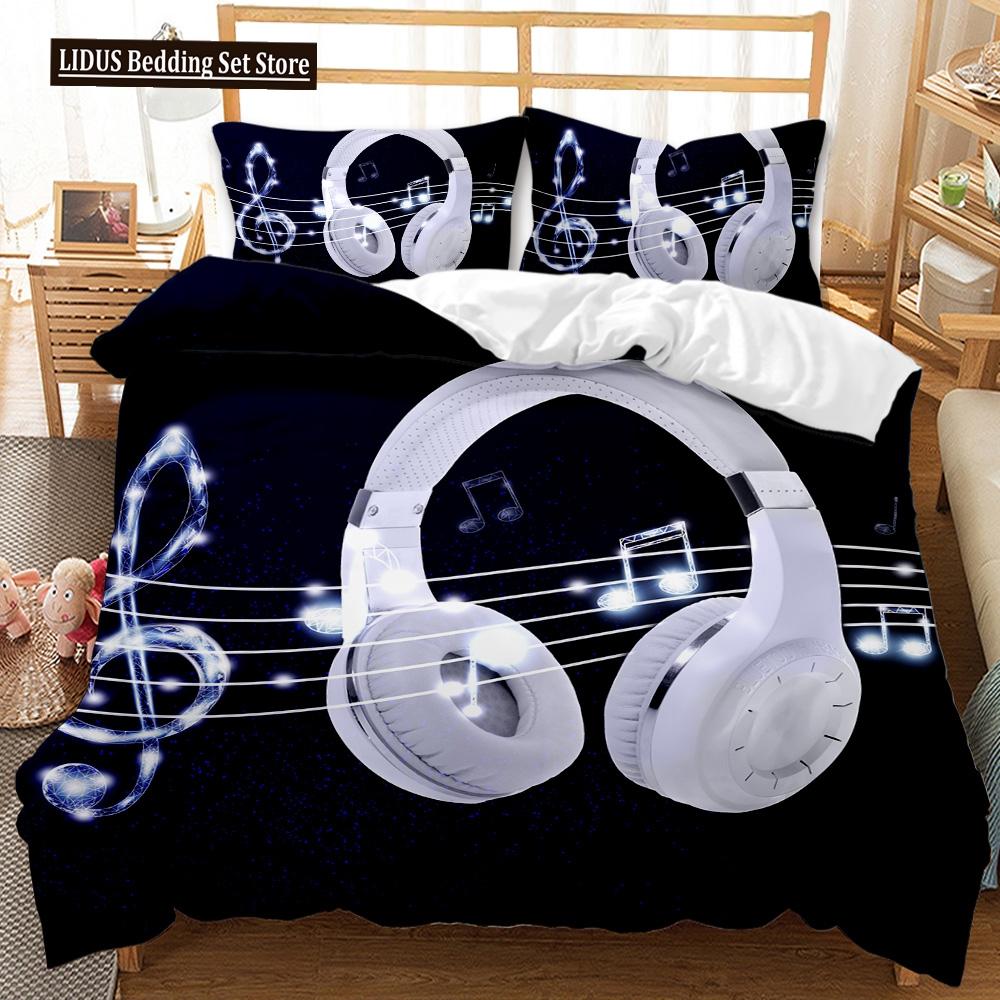 Headphones Duvet Cover Set Rock Music Melody Note Comforter Cover Pink Headset Polyester Bedding Set For Kid Boy Girl King Size
