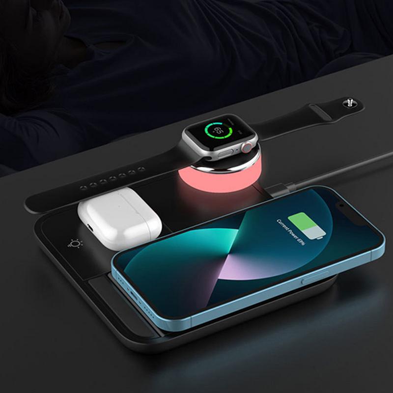 4 In 1 Wireless Charging Station Cell Phone Tablet Watch Charger with Colorful Light Foldable 15W Fast Wireless Charger Stand
