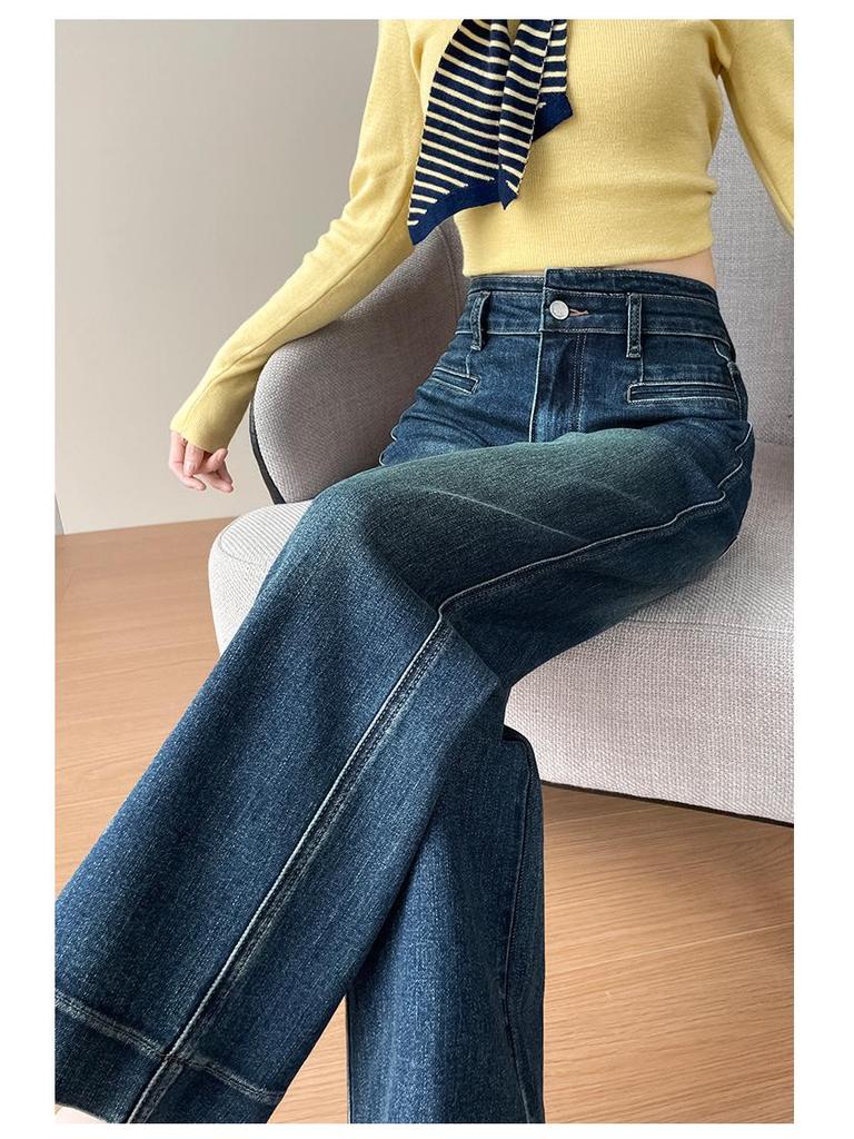 Korean Retro High-Waist Slimming Elastic Jeans for Women - Cropped, Loose, Petite Straight Leg 