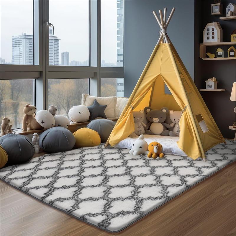 Luxury Geometric White Checkered Area Rug Ultra Soft Polyester, High Pile,Non Slip, Modern, Indoor, Playroom, Bedroom, Living Room, Nursery Rug