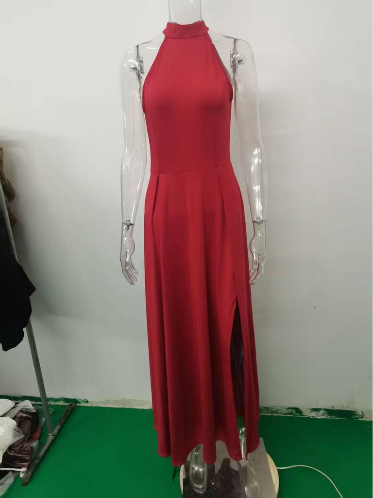 2025 Summer Women's Fashion: Sexy Slit Halter Neck Evening Gown – High-End Feel Long Skirt
