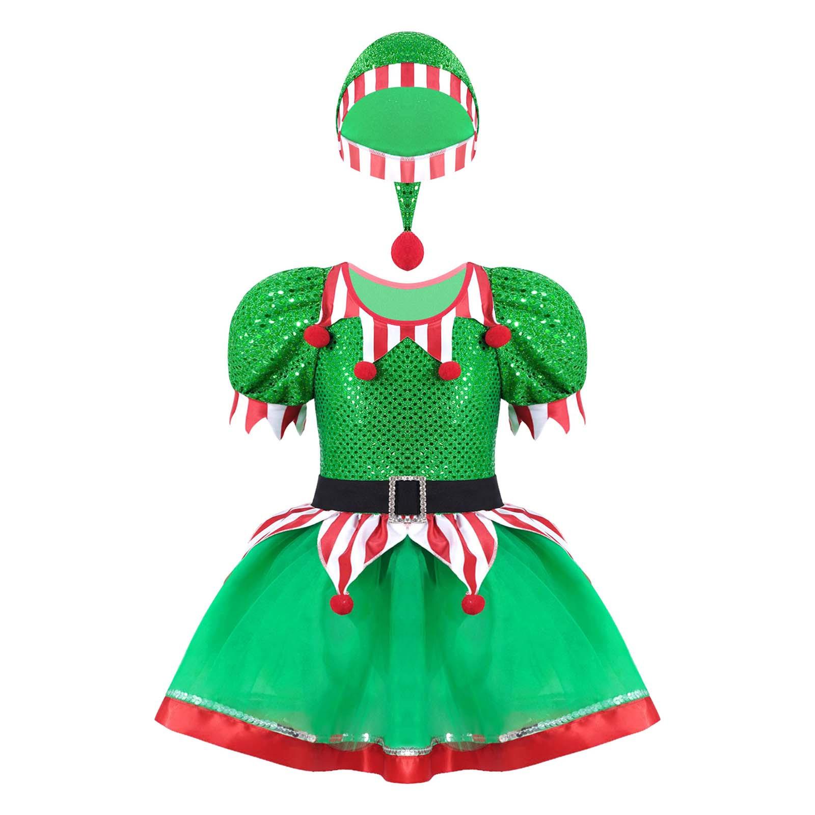 

Костюм Різдвяного Ельфа для дівчинки Косплей Паєтки Помпони Прикрашене Сітчасте Плаття-пачка Капелюх в комплекті Наряд для вечірки 11-12 Years зелений