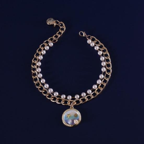 Faux Pearl Pet Necklace for Cats Dogs Adjustable Double-Layer Cat Collar with Ocean Theme Pendant for Wedding Birthday Accessory