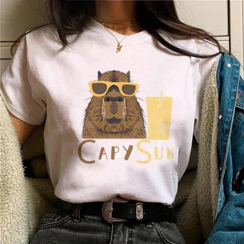 Summer Minimalist Capybara Pattern Printed Loose Round Neck Pure Cotton Short Sleeved Shirt T-Shirts Women’s