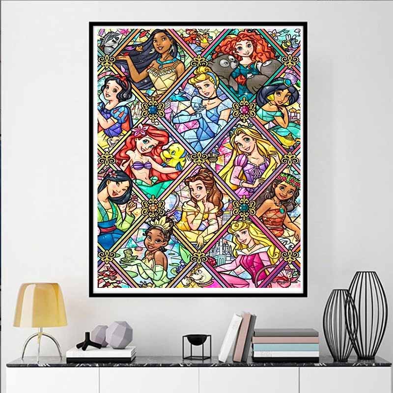 Disney Cartoon Diamond Painting Disney Princess Group Portrait Stained Window Illustration 5D DIY Art Cross Stitch Kit, Mosaic EmbroideryHomeDecorGift
