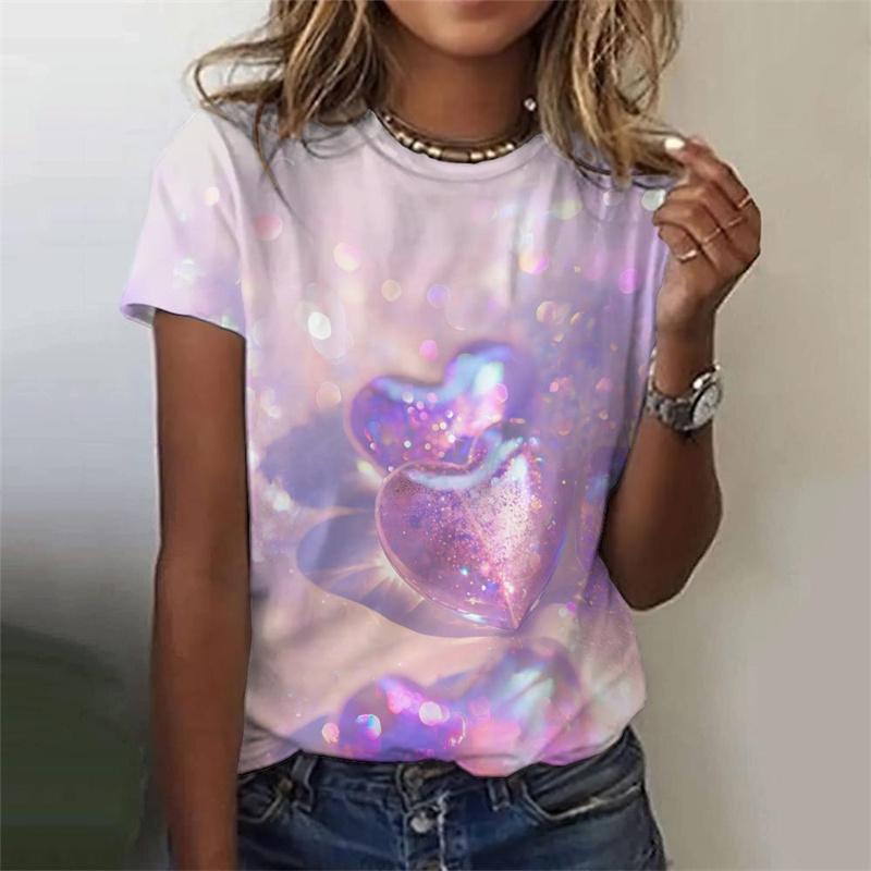 3D-gedrucktes Herz Liebe T-Shirt für Damen Bunte Glasmuster T-Shirts Sommer Freizeit T-Shirts Rundhals Oberteile Locker Kurzärmlig