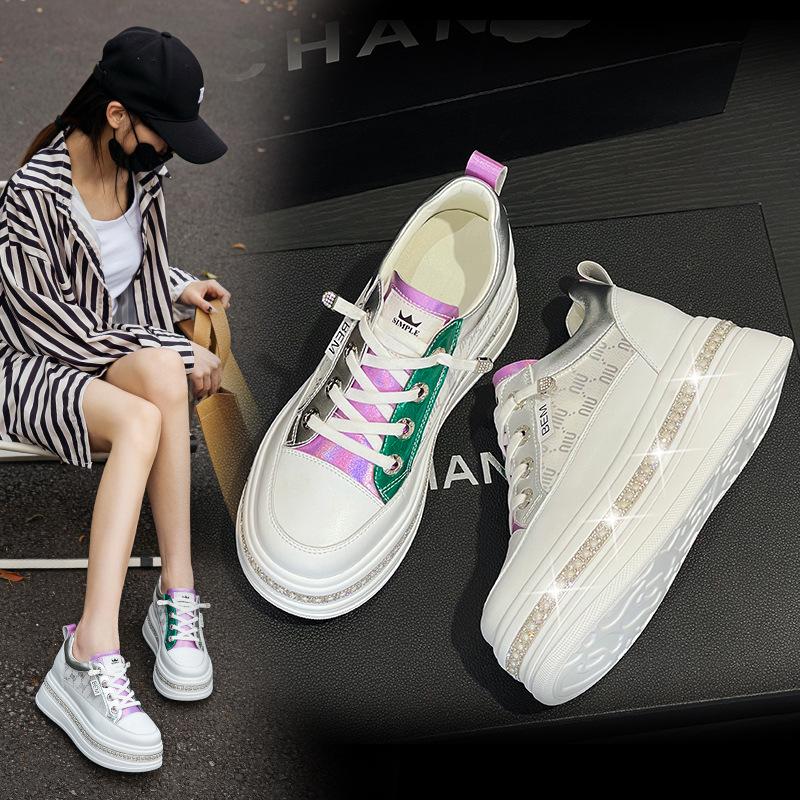 Genuine Leather White Shoes for Women Thick Sole Single Mesh Breathable Inner Height Increase All-match Casual Sneakers
