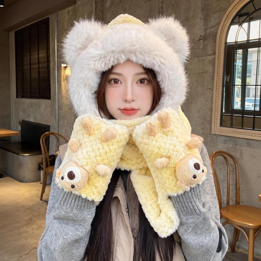 Winter warm plush hat new scarf gloves integrated cute bear three-piece set female cycling ear protectors