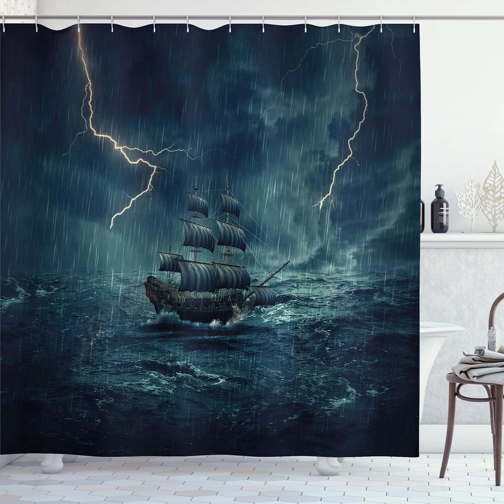 Pirate Ship Shower Curtain for Nautical Bathroom Fantasy Ocean Vintage Pirate Ship Bath Curtains Polyester Decor with 12 Hooks