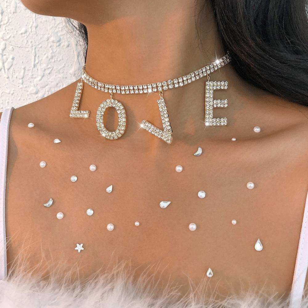 Women Exaggerated Jewelry Love Full Rhinestone Light Luxury Temperament Choker Personality Trendy Fashion Necklace For Women