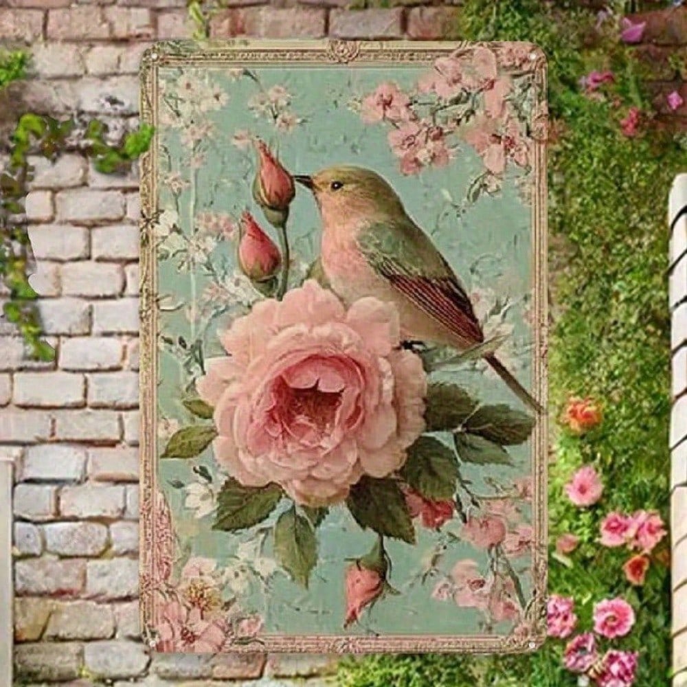 Vintage Rose Bird Metal Tin Sign Retro Wall Art Home Decor