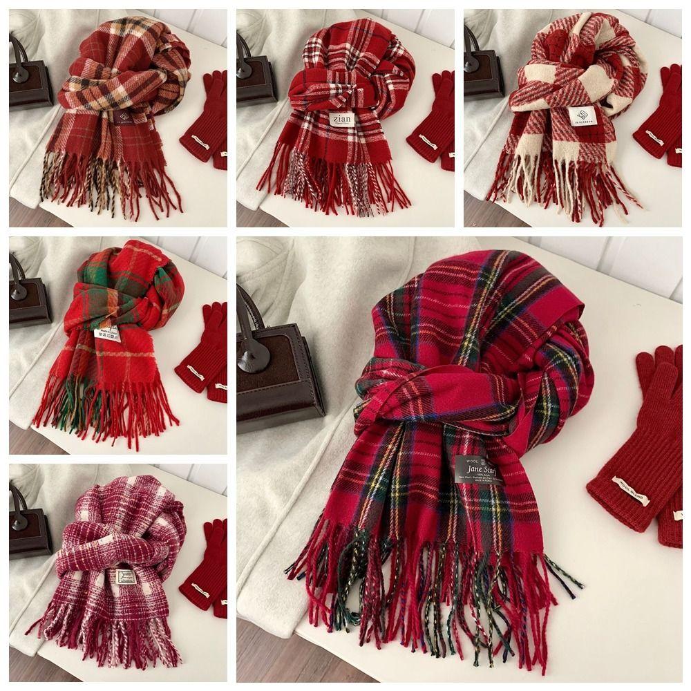 Sweet Winter Knitted Scarves New Year Red Long Shawl Warm Plaid Wool Scarf  Student