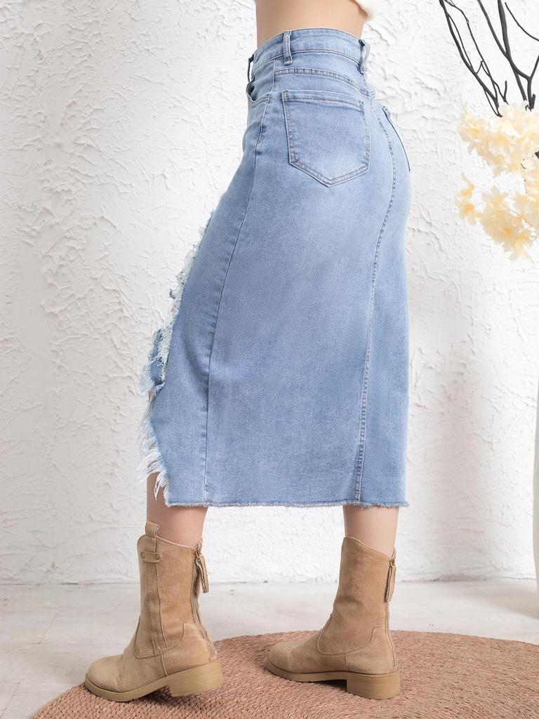 Women's Cross-Border Distressed Denim Skirt - American Retro Style
