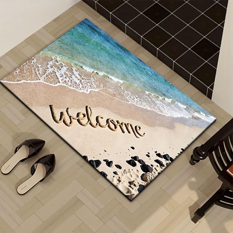 Beach Wave Welcome Mat, Realistic Ocean Sea Coast 2D Flat Printing Entryway Rug, Non-Slip Washable Floor Mat