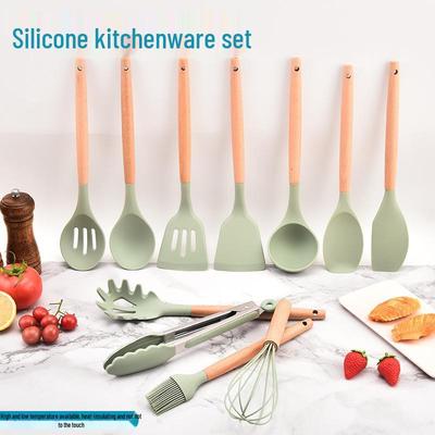 12-Piece Silicone Kitchen Utensil Set with Wooden Handles and Storage