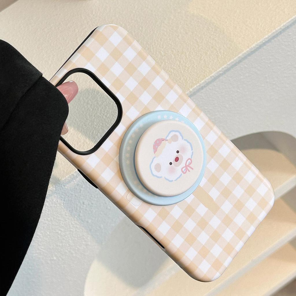 Magnetic Plaid Stand Case for iPhone 16/17, Compatible with 11 Film and 15 Pro Max, featuring Cute Small Animals
