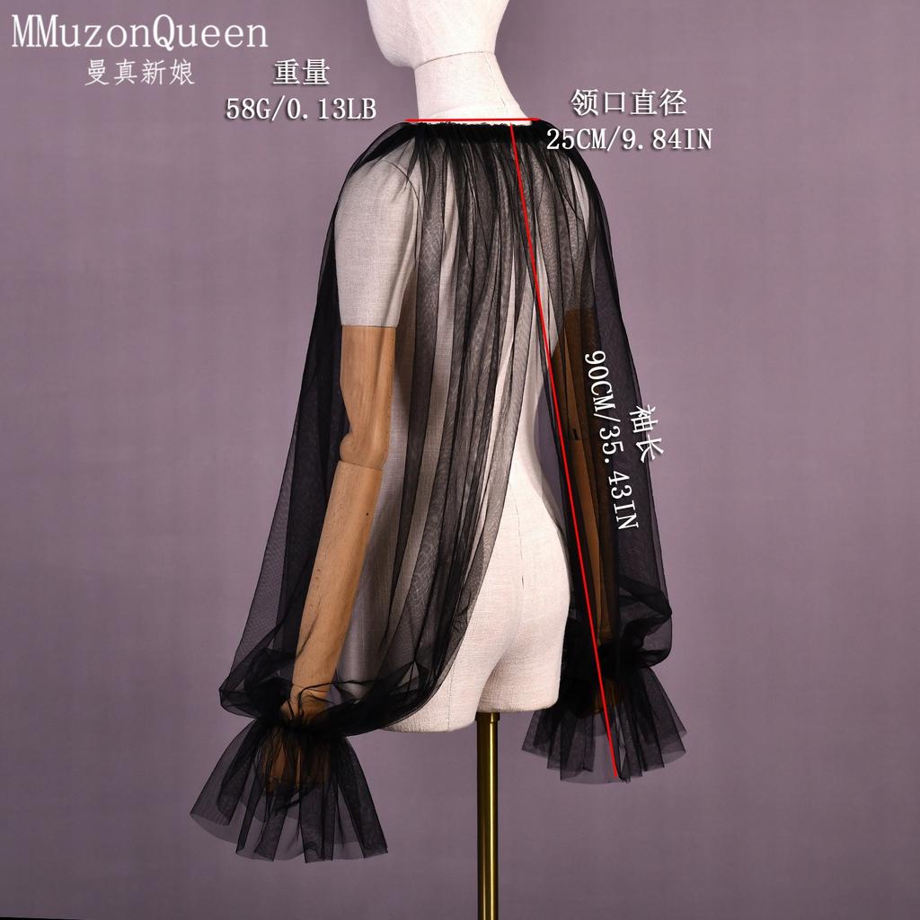 Two Colors Sheer Tulle Long Sleeve Cape Shrug, Elastic Ruffle Cuff Mesh Cover Up for Strapless Satin Wedding Dress Bridal Evening Party Photoshoot
