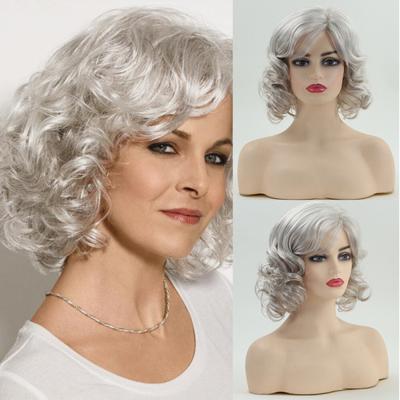 Synthetic Grey Blond Wavy Wigs for Women Short Mommy Wigs with Bangs Fluffy Curls Paula Wigs Costume Daily High Temperature Fiber Wigs
