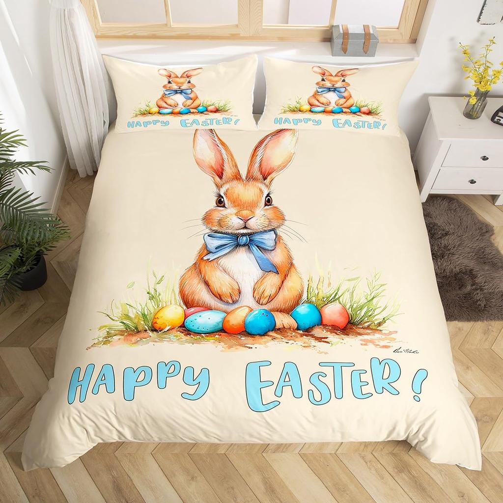 Happy Easter Bedding Set Cartoon Rabbit Egg Duvet Cover Full Kids Pink Purple Cute Bunny Comforter Cover Cute Animal Quilt Cover