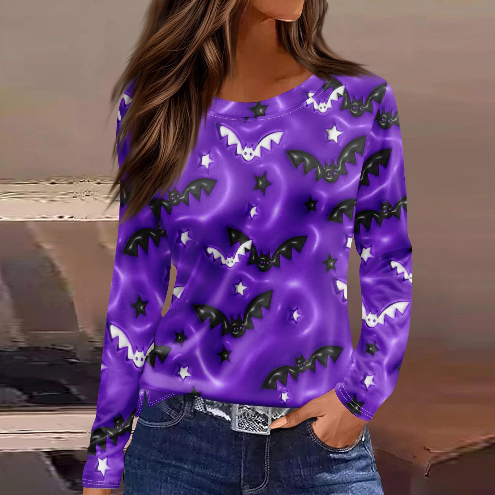 

Women s Fashion Hem Slit Casual Halloween Printed Round Neck Long Sleeve Top XXL фіолетовий