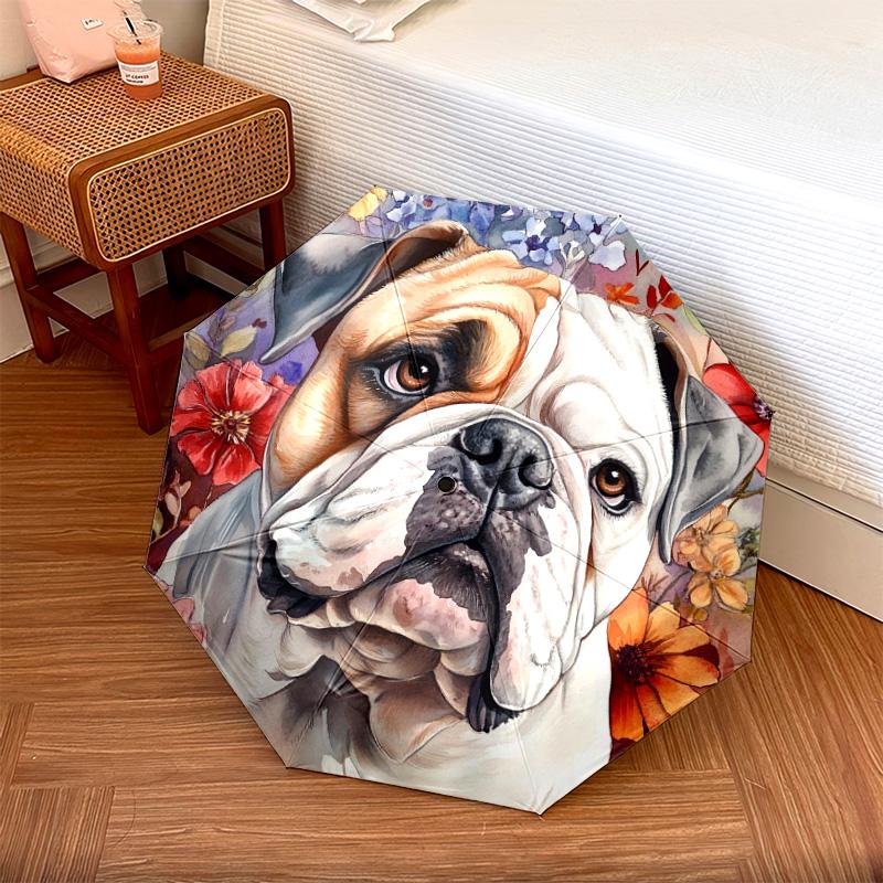 1 Pezzo Ombrello Pieghevole Automatico - Fantasia Floreale Bulldog, Design Portatile e Pieghevole con 8 Stecche, Regali di Natale e Compleanno