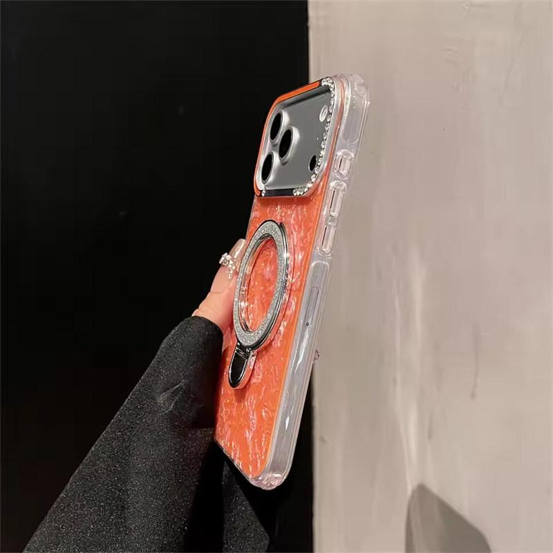 Luxury Glitter Magnetic Shockproof Case for iPhone 17 16 15 14 13 Pro Max Plus Bracket Stand Diamond Camera Frame Glossy Cover