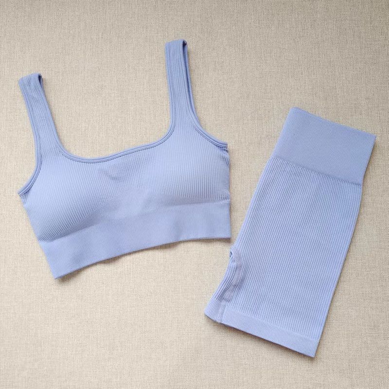 

European and American Autumn and Winter New Seamless Butt-Lifting Tight Yoga Wear Shockproof Women s Running Fitness Bra and Long Pants Sports Set Nordic Blue Suit M