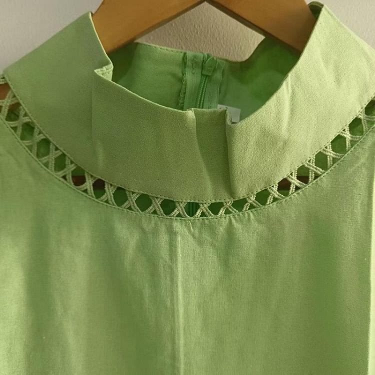Breathable Cotton Linen Blouse for Women Casual Hollow Top Stand Collar Lace Patchwork Solid Color Shirt