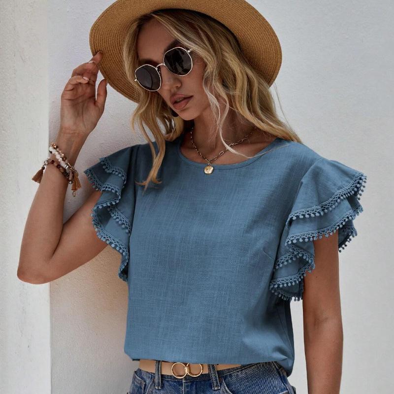 Moda Casual Cuello Redondo Tops de Verano para Mujer Camisas Sueltas Blusa Vintage de Encaje con Borlas y Mangas Volantes Camisa Lisa Elegante de Corte Ajustado para Mujer Nuevo 26424