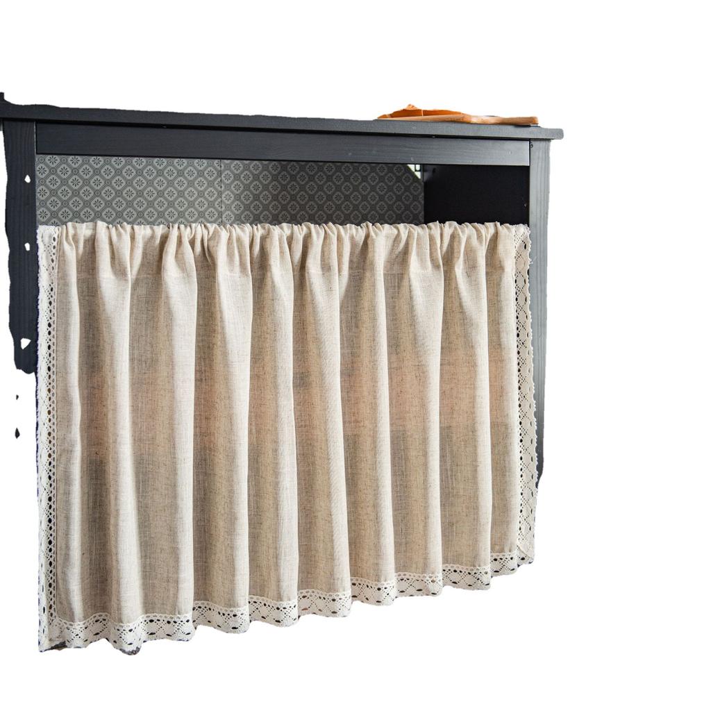 Linen Cotton Lace Tier Curtain, Short Half Window Curtain, Rustic Cafe Curtain for Kitchen Cabinet Cupboard Closet Decor