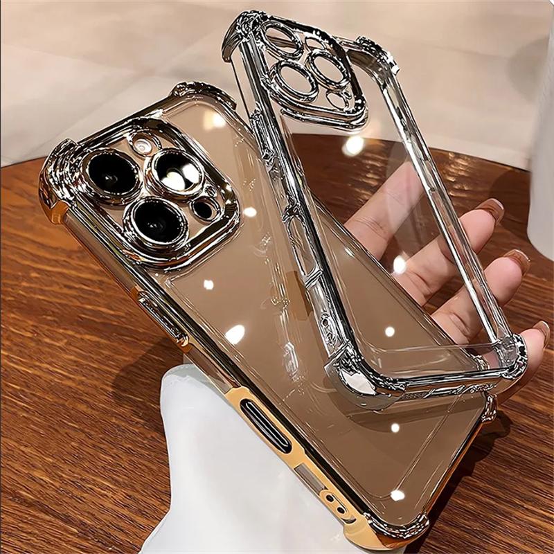 Luxury Plating Airbag Soft Silicone Case for iPhone 16 Pro Max 11 12 13 14 15 Pro Xs Max X Xr 16 Plus Glass Lens Protector Cover