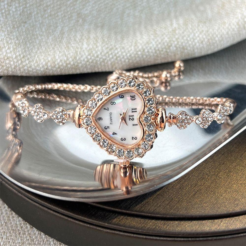 Diamond Studded Watch Strap Heart Shaped Watch Stainless Steel Wrist Decoration  Girl
