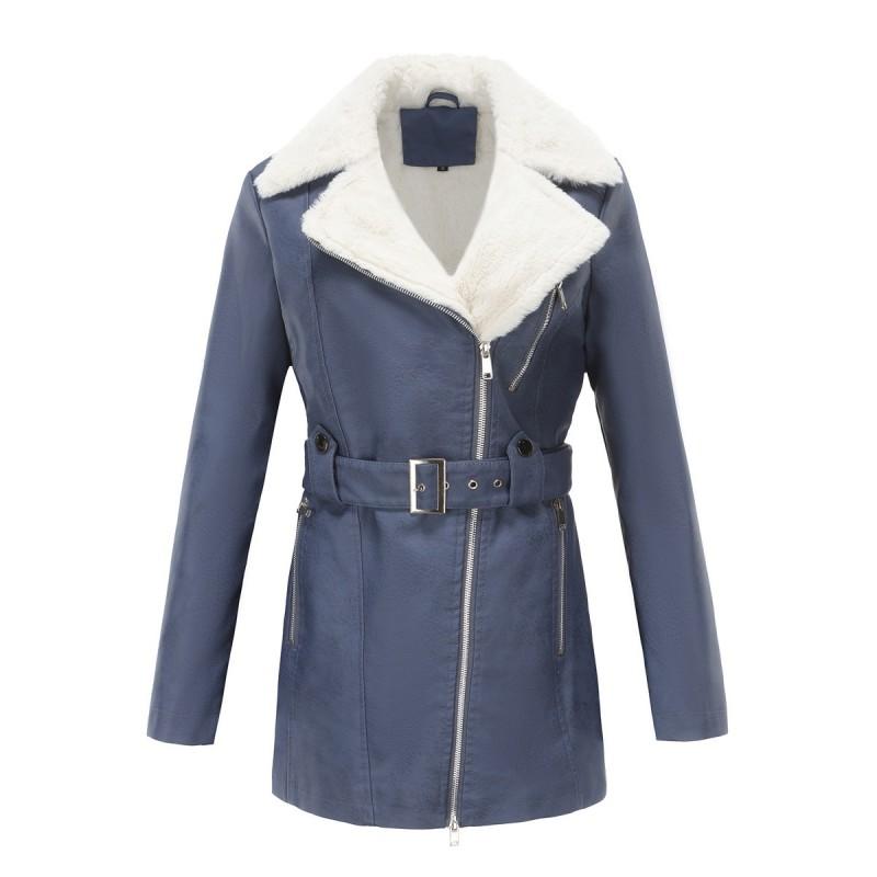 Womens Faux Leather Long Sleeve Jacket With Belted Waist Warm Lined Winter Coat
