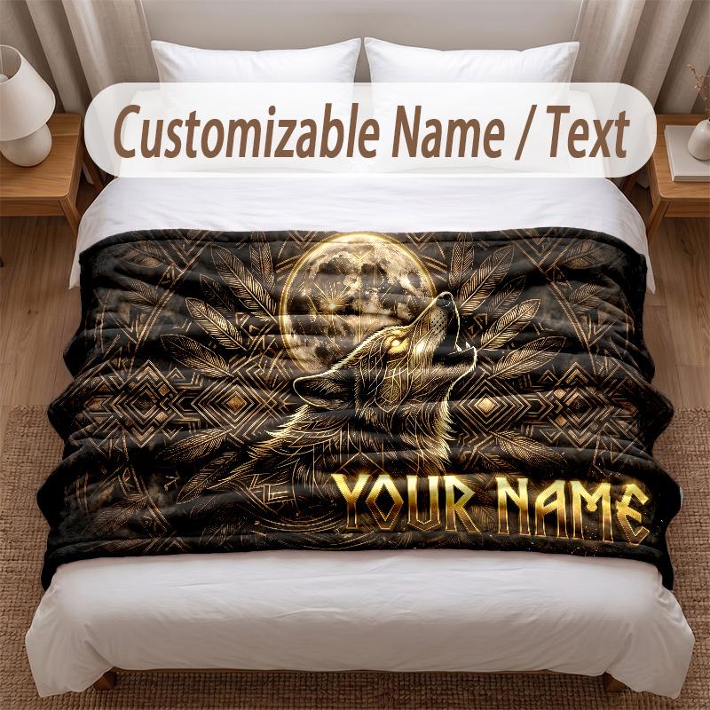 Wolf Theme Soft Blanket Personalized Custom Name Text Print Warm Blanket Home Sofa Bedroom Decor