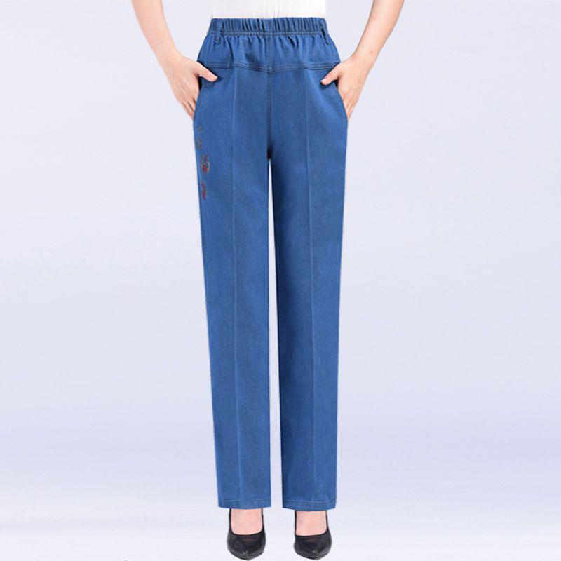 Blugi casual cu talie înaltă, cu picior drept, mărime plus, cu talie elastică, pentru femei de vârstă mijlocie și vârstnice - Primăvară/Toamnă.