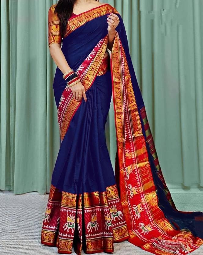 SUPERLAXMI Womens Narayana Pattu Narayanpeth Cotton Silk Saree with unstitched blouse (Navy Blue)