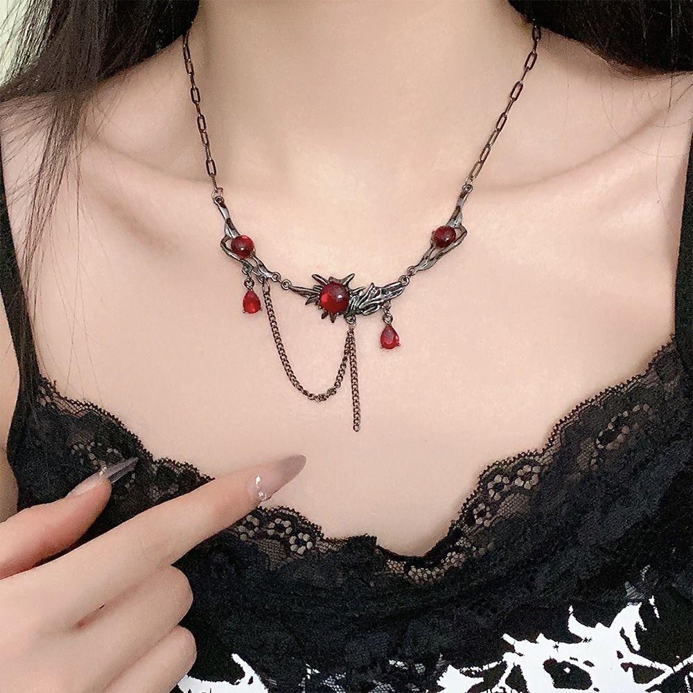 Dark Gothic Tassel Chain Choker Punk Collarbone Neck Chain Red Zircon Pendant Necklace  for Women
