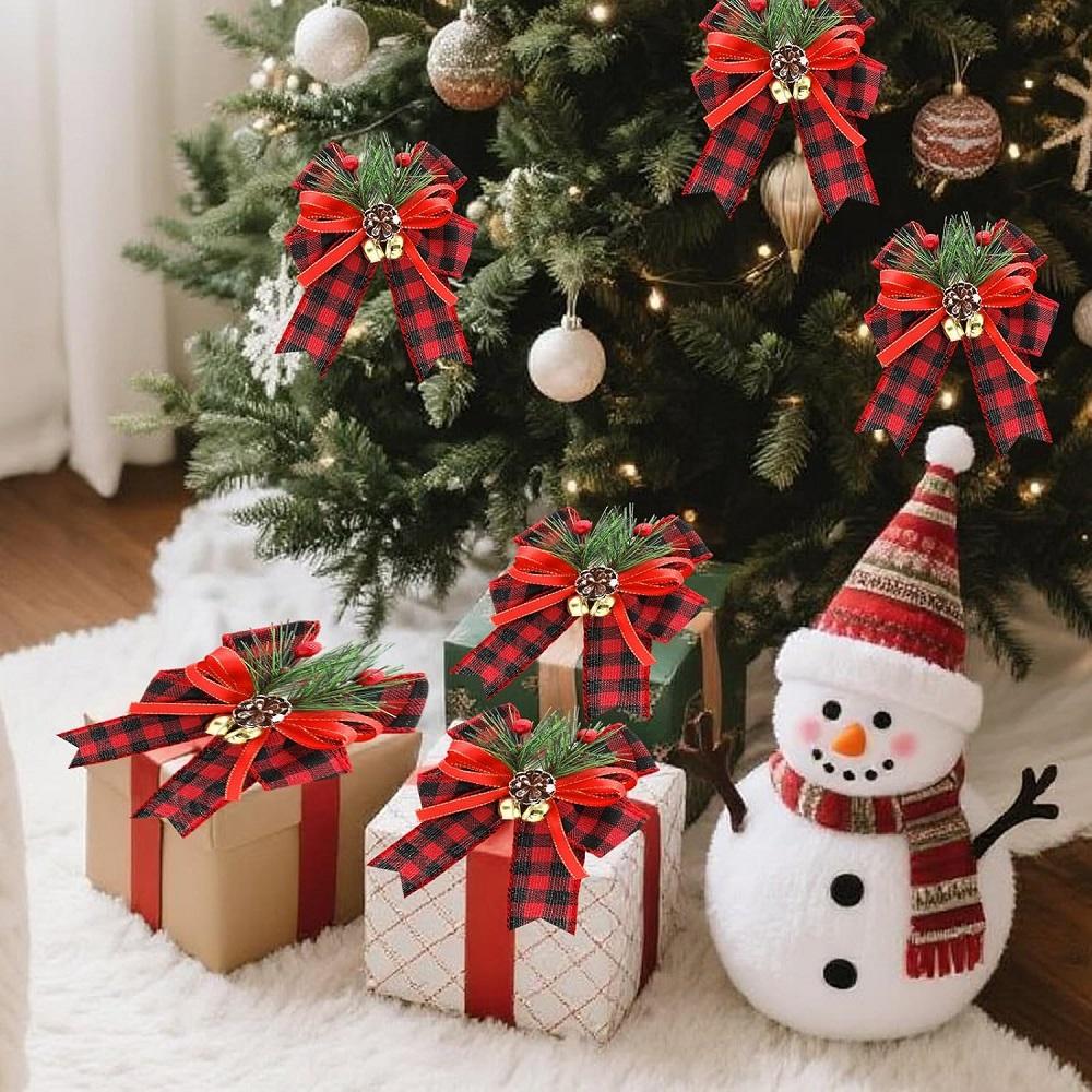 3 Pcs Christmas Bows with Pine Cones Needles Xmas Velvet Bow Red Ribbon Christmas Tree Wreath Decoration Indoor Crafts DIY Decor