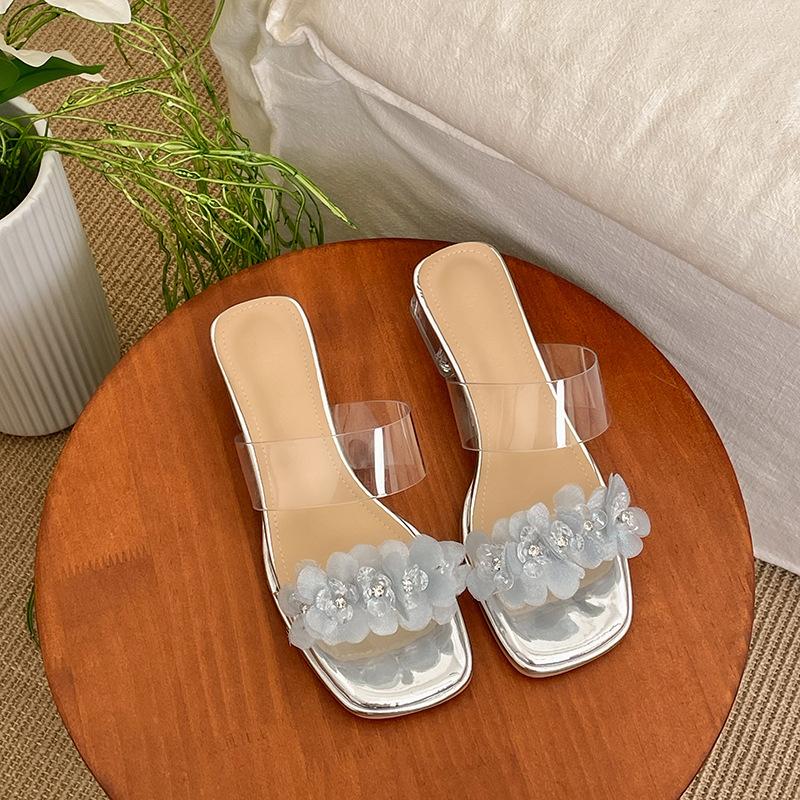 Silver French fairy style square head thick high-heeled slippers female 2025 new outer wear summer high-end height-enhancing cool slippers