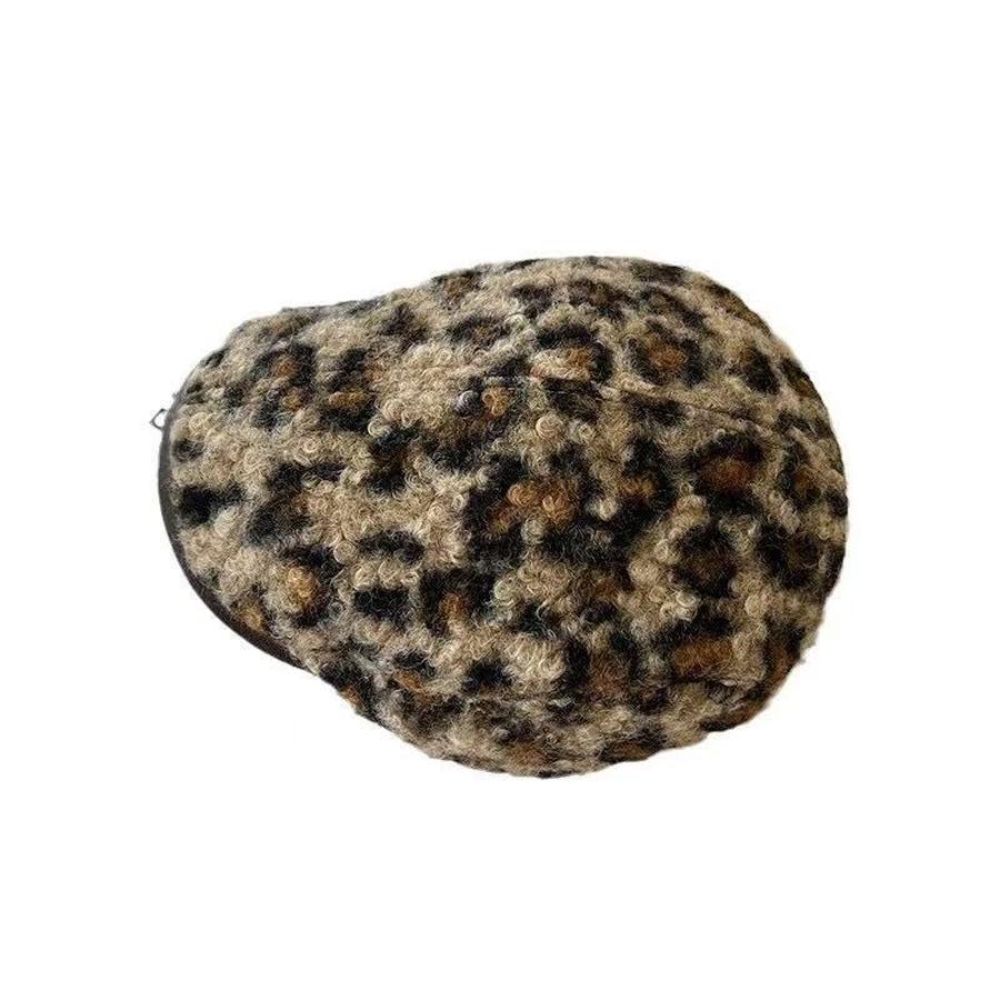 Vintage Leopard Print Forward Cap Women's Autumn Winter Plush Small Size Face-lifting Beret Hat Trendy Versatile